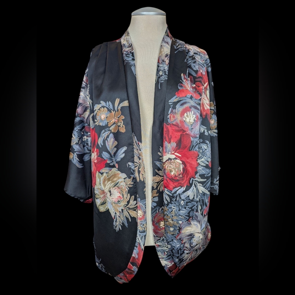 Chenault Black Floral Kimono with Red and Gold Accents